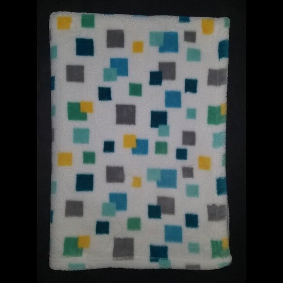 Little Miracles Fleece Baby Blanket Lovey Blue Gray Yellow Green Teal Squares - Picture 2 of 5